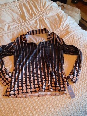 Polka Dot Stripe Quarter-Zip Golf Top in Navy and Tan Xl